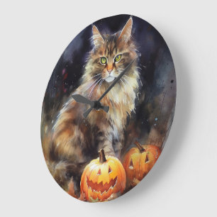 Relógio Grande Gato Maine Coon de Halloween com Abóboras Assustad