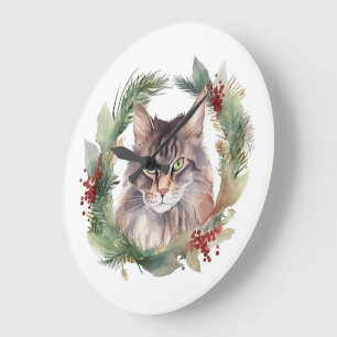 Relógio Grande Gato Maine Coon no Natal Grinalda Festiva Gatinho