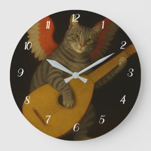 Relógio Grande Gato Músico Alado Tocando Alaúde Arte
