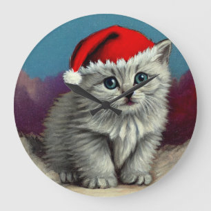 Relógio Grande Gato natal vintage em Santa Hat