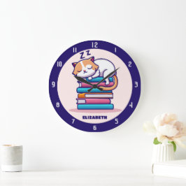 Relógio Grande Gato numa Pilha de Livros Literário Personalizado 