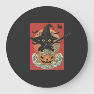 Relógio Grande Gato preto come ramen japonês no Halloween
