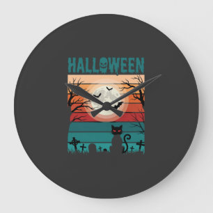 Relógio Grande Gato Preto De Halloween Lua Cemitério Retro Vetor