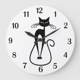 Relógio Grande Gato Preto Magro Caprichoso Números Pretos