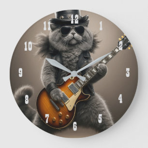 Relógio Grande Gato Rockstar Tocando Guitarra Elétrica em Couro