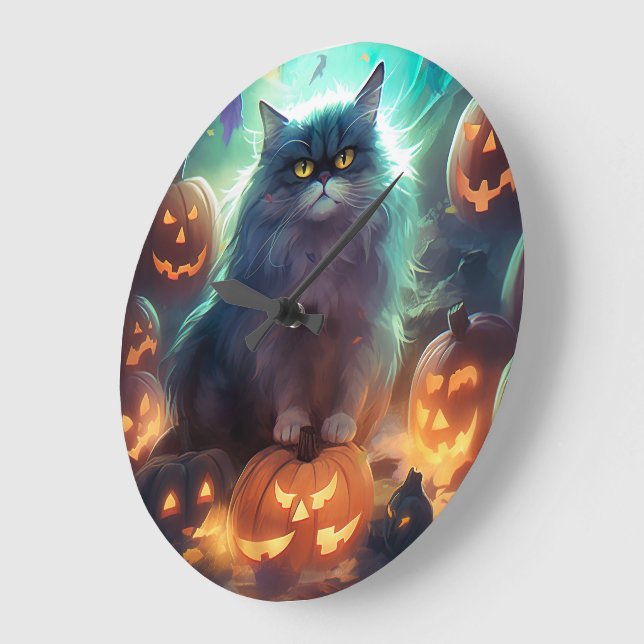 Relógio Grande Gato Siberiano de Halloween com Abóboras Assustado (Ângulo)