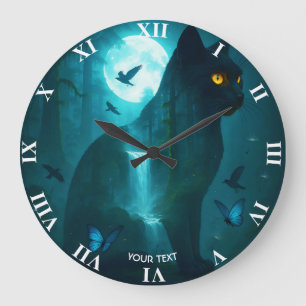 Relógio Grande Gato Surreal Preto Fantasy