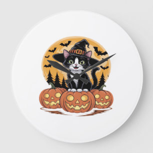 Relógio Grande Gato Tuxedo Halloween Bruxa Abóboras Fofo Essencia