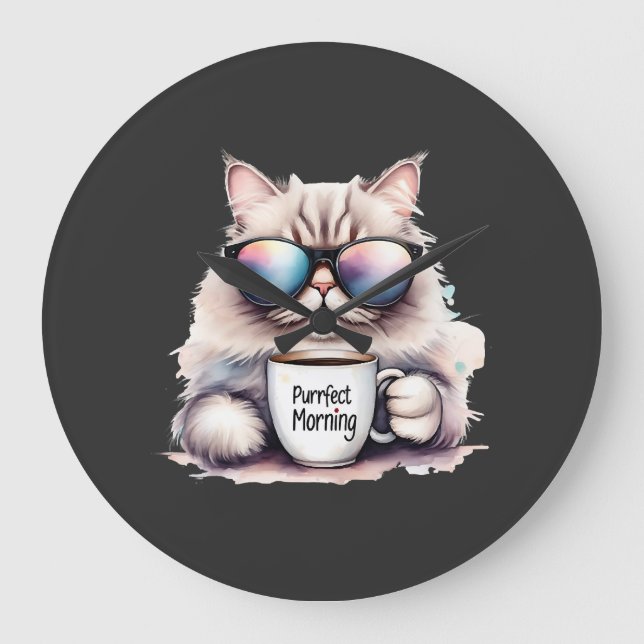 Relógio Grande gato usando óculos de sol e segurando uma caneca d (Frente)