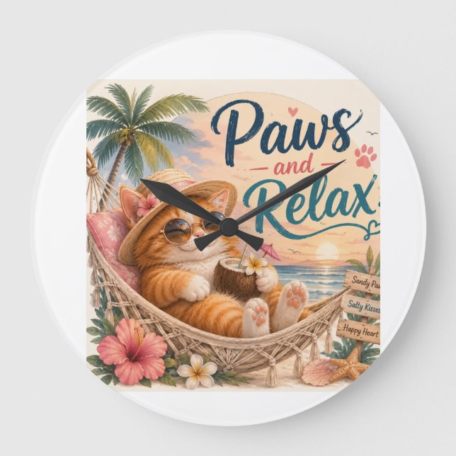 Relógio Grande Gatos de Praia Relaxam (Frente)