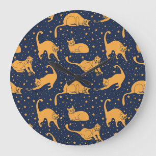 Relógio Grande Gatos engraçados, estrelas, padrão espacial.