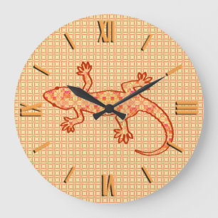 Relógio Grande Geco tribal do batik - coral e luz - laranja