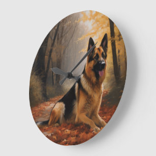 Relógio Grande German shepherd no outono Folhas caem inspiração