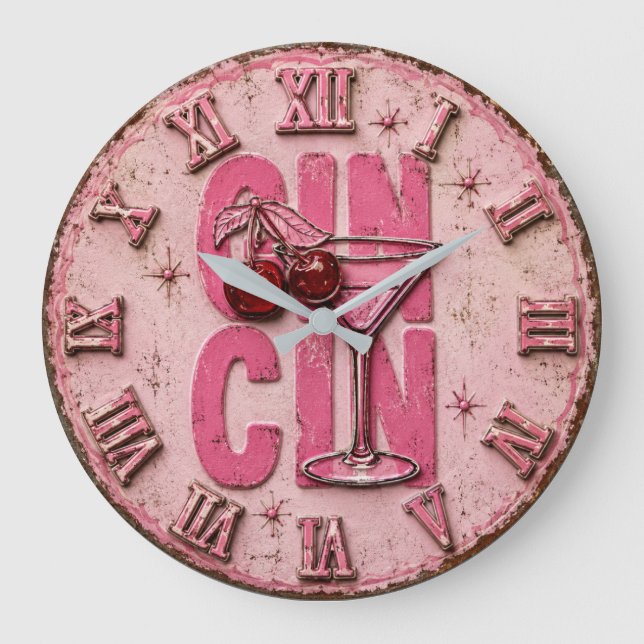 Relógio Grande Gin Martini Pink Retro Cocktail Bar Decor  (Frente)