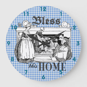 Relógio Grande gingham cheque azul e branco Bless This Home clock