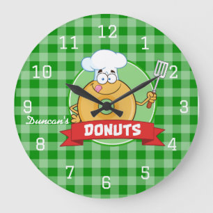 Relógio Grande Gingham Verde de cozinha de donuts