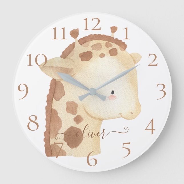 Relógio Grande Girafa Bebê Personalizada Aquarela Fofa Nome (Frente)