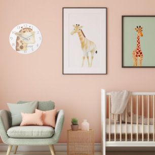 Relógio Grande Girafa Bebê Personalizada de Aquarela Fofa Nome