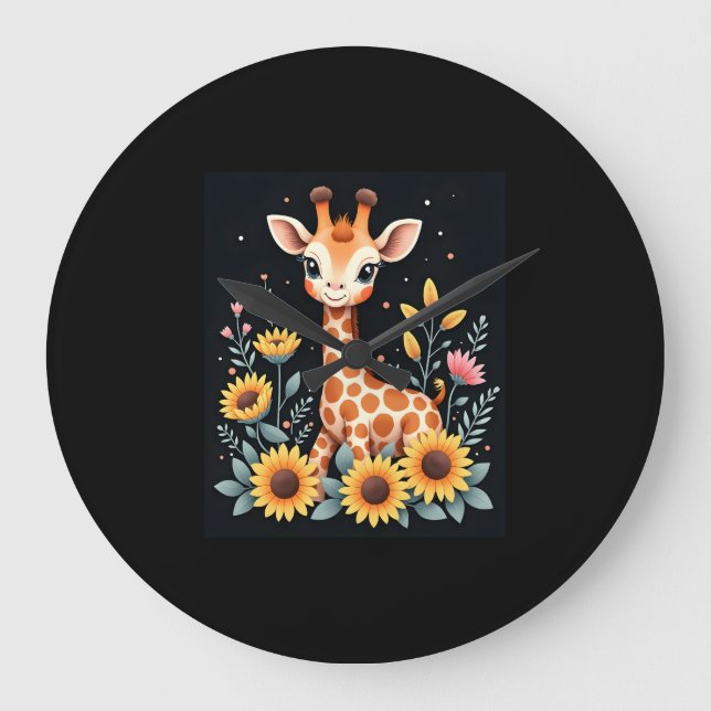 Relógio Grande Girafa Encantadora Rodeada Por Flores Manga Longa (Frente)