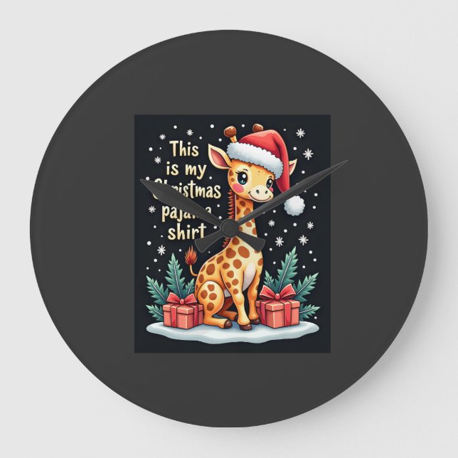 Relógio Grande Girafa Usando Chapéu de Papai Noel Combinando Pija (Frente)