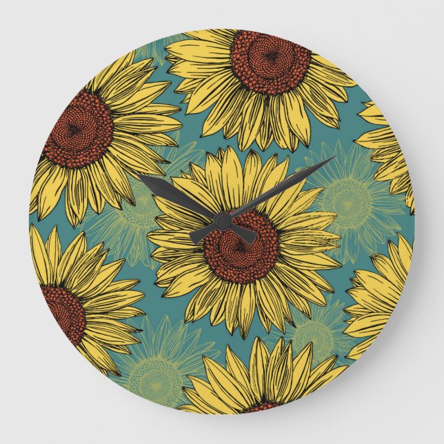 Relógio Grande Girassóis Desenhados À Mão Azul (Frente)