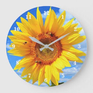 Relógio Grande Girassol Amarelo e Abelhas no Céu Azul - Verão 