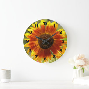 Relógio Grande Girassol Floral Amarelo e Bronze