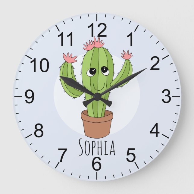 Relógio Grande Girls Cute Kawaii Cactus Plant e Name Kids (Frente)