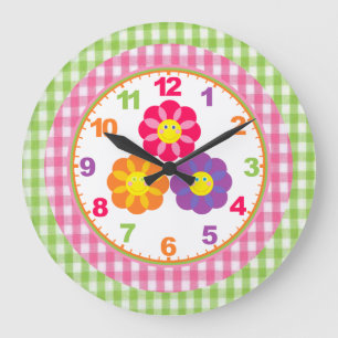 Relógio Grande Girls Gingham Flower Clock com Números