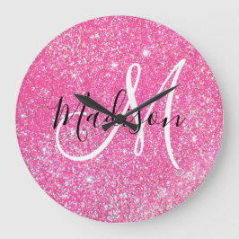 Relógio Grande Girly Glam Rosa Quente Brilho Monograma Nome