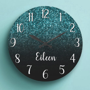 Relógio Grande Girly Teal Glitter Black Ombre