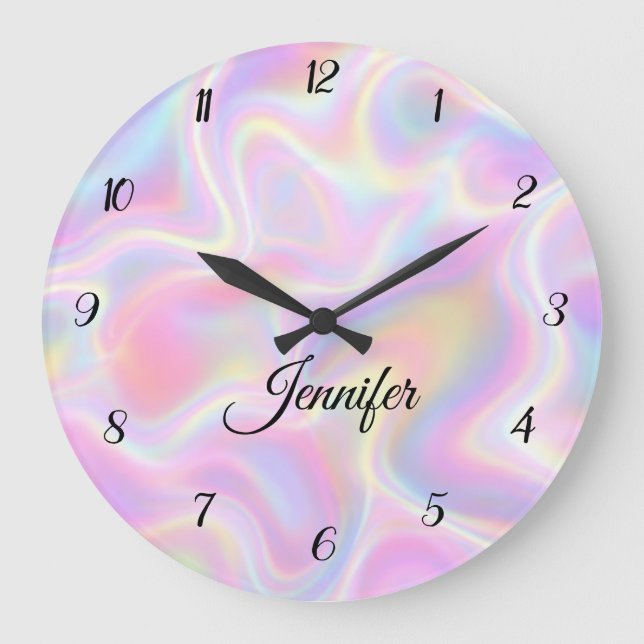 Relógio Grande Girly Vibrant Pastel Holographic Swirl Design      (Frente)