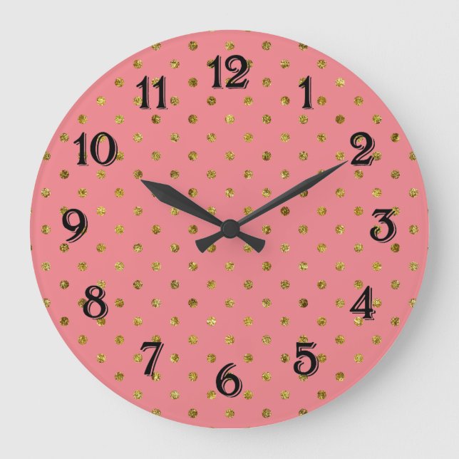 Relógio Grande Glamour Dourado Chic e Pontos Rosa (Frente)