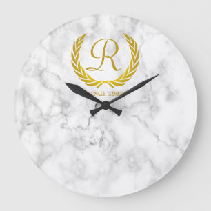 Relógio Grande Gold Classic Monogram Laurel Leaf White Marble