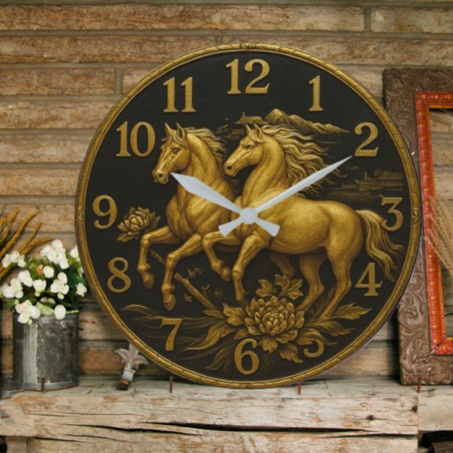 Relógio Grande Gold horse plated equestrian elegant rustic luxury (Criador carregado)