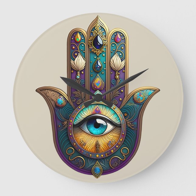 Relógio Grande Gold Violet Teal Hamsa w/ Turquoise Third Eye (Frente)