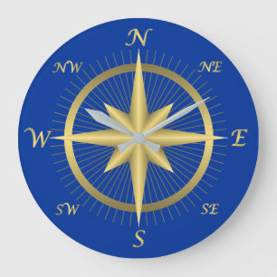 RELÓGIO GRANDE GOLDEN AND BLUE COMPASS ROSE DESIGN