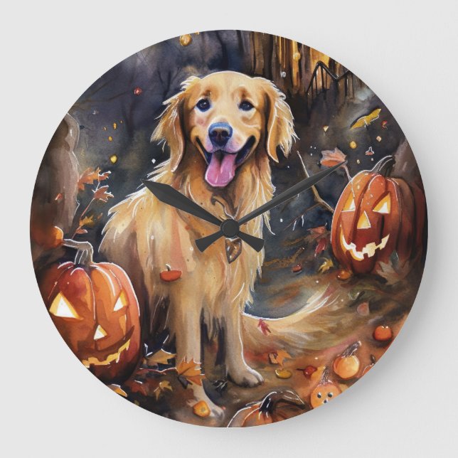 Relógio Grande Golden Retriever de Halloween com Abóboras Assusta (Frente)