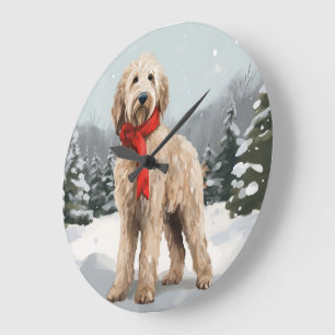 Relógio Grande Goldendoodle Cachorro na Neve Natal