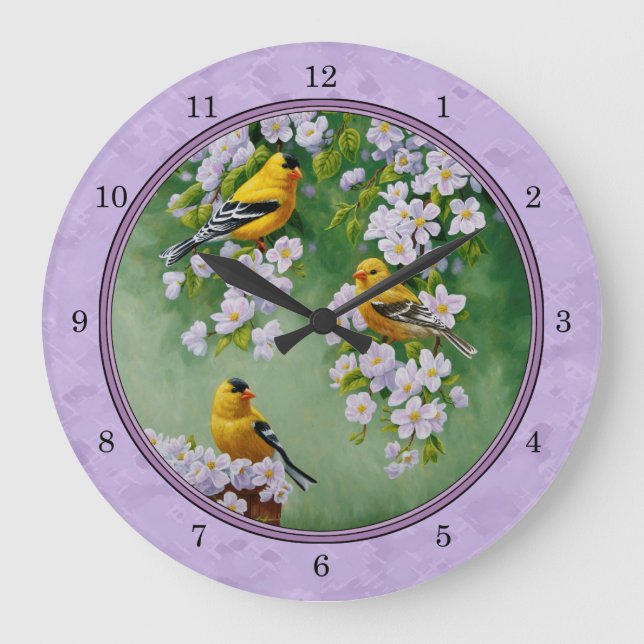 Relógio Grande Goldfinch Trio & Apple Blossomo Roxo (Frente)