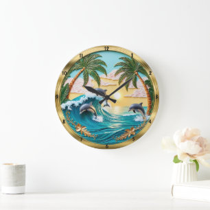 Relógio Grande Golfinhos Saltando Ondas Oceânicas Saltas