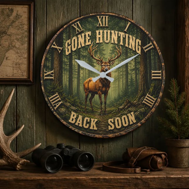 Relógio Grande Gone Hunting Back Soon Rustic Hunter Cabin (Criador carregado)