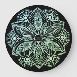 Relógio Grande Gradiente de Mandala Verde Tribal Exótico