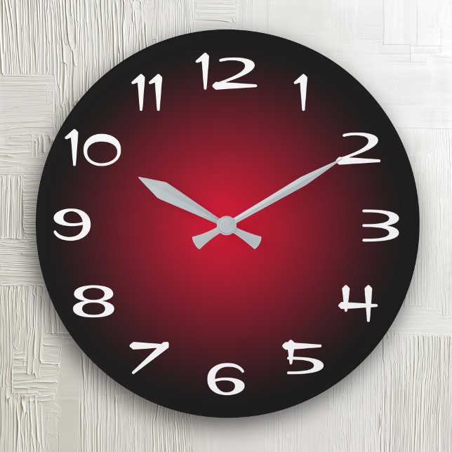 Relógio Grande Gradiente Radial Preto e Vermelho (Black and Red Radial Gradient Large Clock)