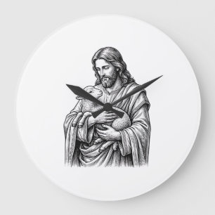 Relógio Grande Grave Engravura Pastor Segurando Cordeiro Vetor De