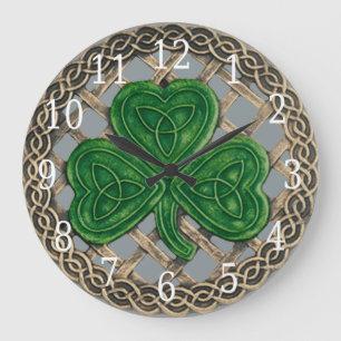 Relógio Grande Gray Shamrock And Celtic Knots Round Clock