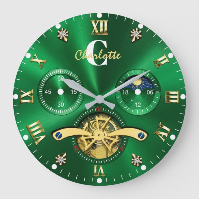 Relógio Grande  Green Gold Elegant Luxury Emerald (Frente)