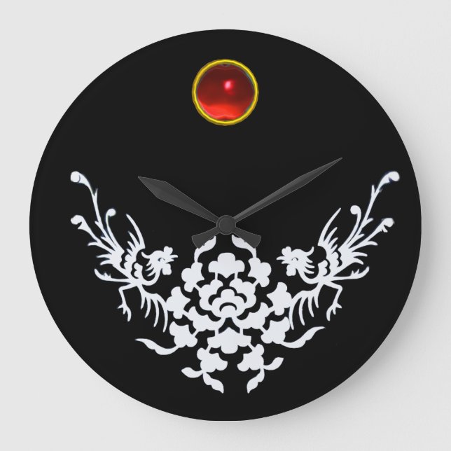 Relógio Grande GRIFFINS E FLORES BRANCOS, Pedra Gem Rubi Vermelha (Frente)