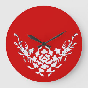 RELÓGIO GRANDE GRIFFOS BRANCOS E FLORES EM VERMELHO