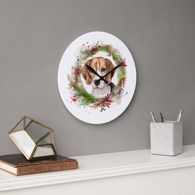 Relógio Grande Grinalda de Natal de Beagle Cachorro Festivo (Escritório)